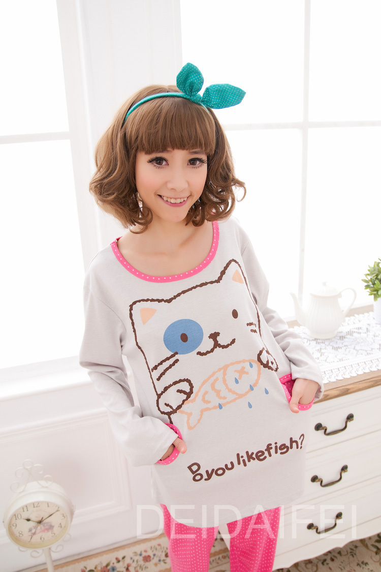 Free sgipping Discount new pajamas female cotton long sleeve lovely cartoon CAT AND FISH leisure wear two suit