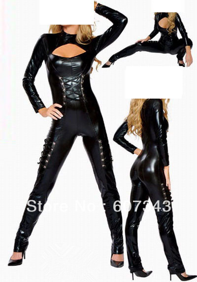 Free Shinpping HOT Black Sexy adult costume, Sexy Black Gothic PVC Vinyl Catsuit Cat Woman Jumpsuit Party Clubwear Costume