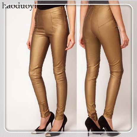 Free shiooing 2012 women New Golden PU splicing tight bottom have zipper the waist zipper high elastic leather pants /XS-XXL