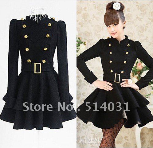 Free Shiopping Automn AND Winter New Womens Double-breasted Gold buttons Collect waist Long Wool Jacket coat