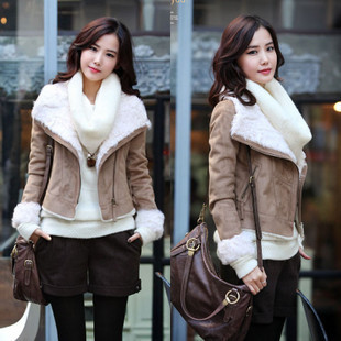 Free ship 2012 and winter excellent quality lamb wool lining collar women's buckskin leather winter outerwear jacket S-XL size