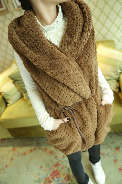 free ship 2012 casual solid color hooded thickening woolen outerwear vest with belt fashion winter coat