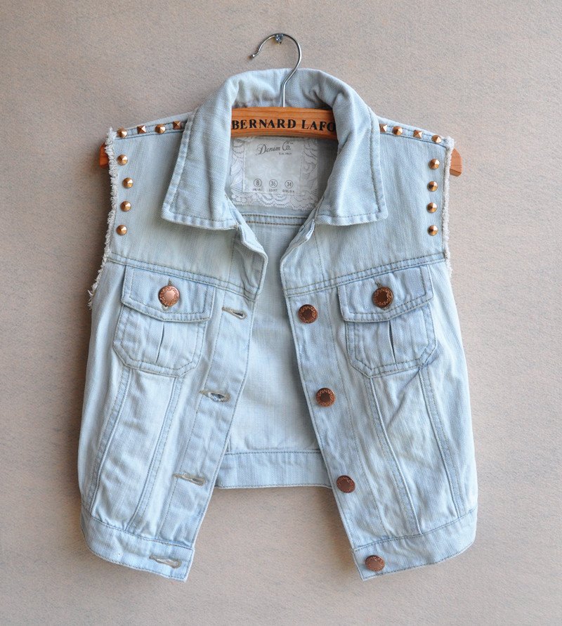 Free ship 2012 fashion CUTE casual turn-down collar special rivet sleeveless light blue denim vest jean jacket jeans women coat