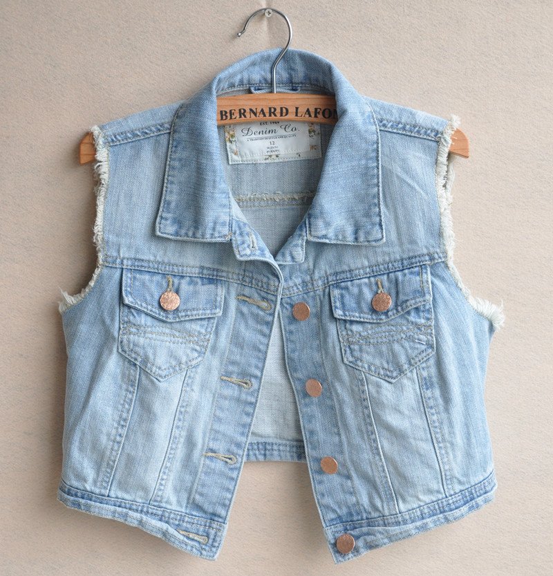 Free ship 2012 Hot CUTE Casual Raw Edges Design Blue Denim Vest Jean Jacket, Turn-down Collar Metal Button Women Jeans Outwear