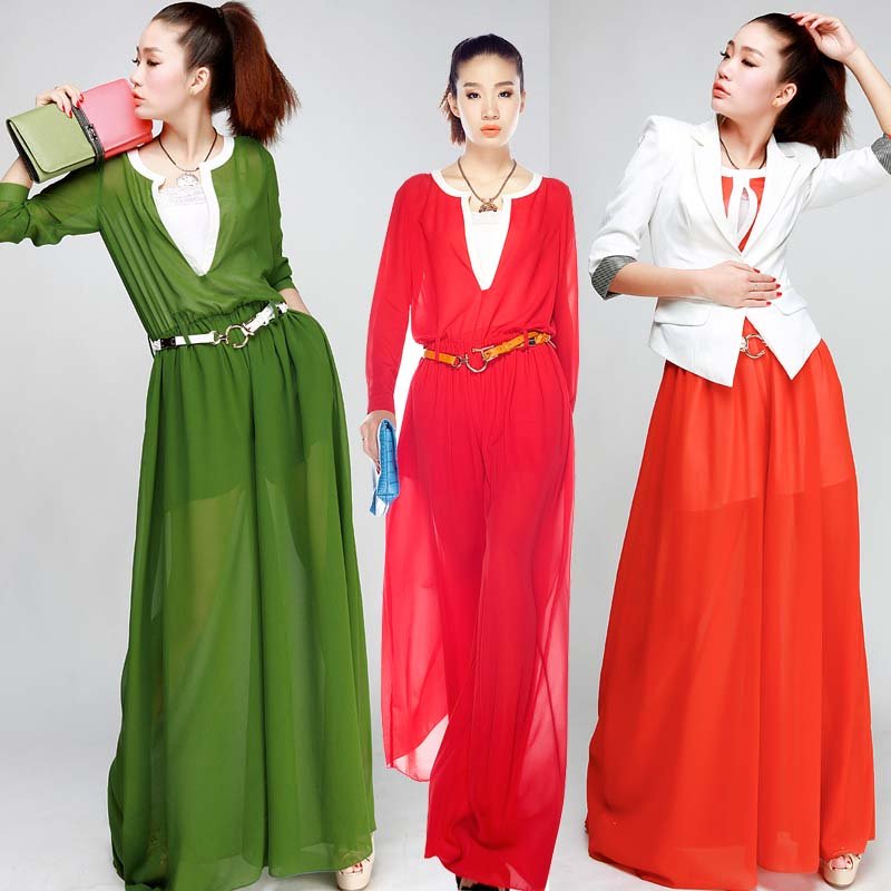 free ship  2012 summer fashion elegant  yellow red orange green long sleeve chiffon jumpsuit   wide leg pants  long trousers