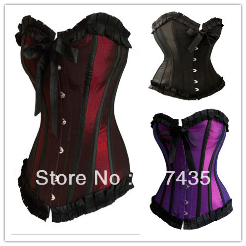 Free ship 3 colour purple/red/black Burlesque Satin Ribbon Lace up Boned Luxury Corset Bustier  Bodyshaper TOP S-2XL