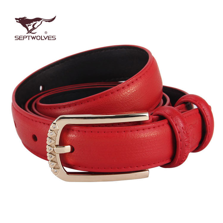 free ship+big discount SEPTWOLVES women's strap genuine leather pin buckle red belt all-match rhinestone ha7037000