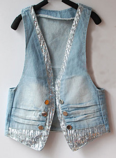 Free ship  excellent fashion spring and summer paillette Women denim vest short jacket waistcoat