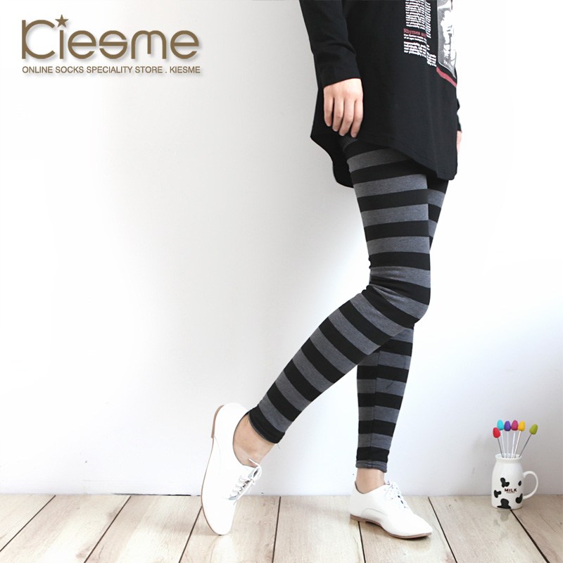 free ship Kiesme autumn and winter black and gray stripe add velvet fleece double layer warm pants socks