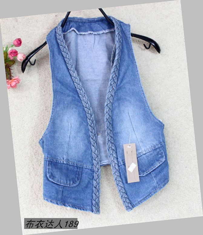 Free ship lady/women  new arrival  twisted braided flower denim vest short vest denim waistcoat