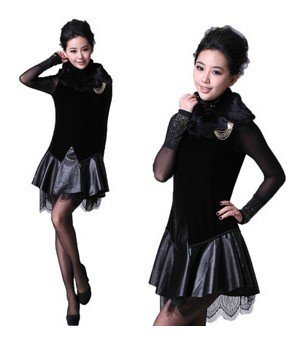 Free ship Rabbit Fur Collar Patchwork Lace Sleeveless Leather Dress