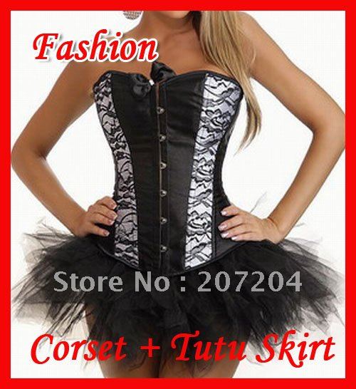 Free ship Sexy Black Burlesque Corsets dress lace up gothic Strapless Corset + tutu skirt sexy lingerie wholesale