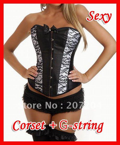 Free ship Sexy Black Burlesque Corsets lace up gothic Strapless Corset + G-string sexy lingerie wholesale