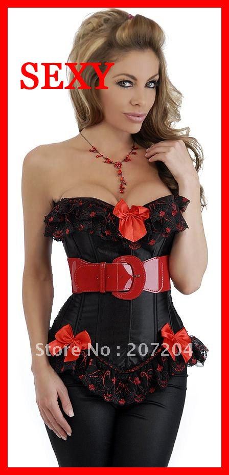 Free ship Sexy Fashion Black lace lady corset lingeries Party costume Corsets bustier push up + G-string Wholesale  HOT