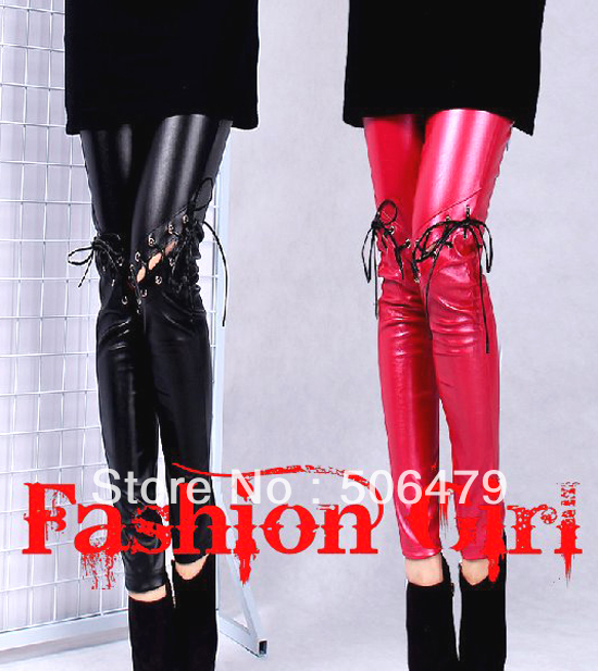 Free Ship Wholesale Black/Red Shiny Woman's Leggings Wet Look THICK Leather like Punk Slim tight Pants Tie up Leggings Trousers