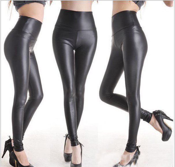 FREE SHIP+Wholesale Leather LOOK Shiny Metallic High Waist Black Stretch Leather Leggings/Tights/Pants free size