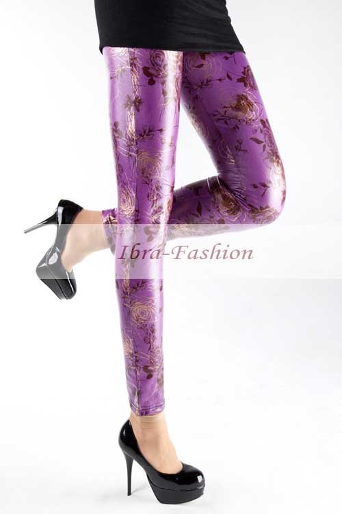 Free Ship Wholesale Popular women pants 2012 Purple Rose Print skinny pants Slim tights Pants Faux leather leggings Trousers