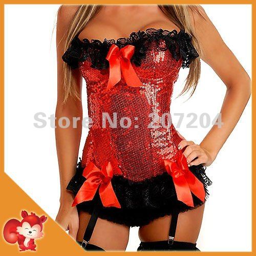 FREE SHIP Wholesale RED Strapless Lace Trim Lace up Corsets Bustier Outwear Sequin Zipper Corset Lingerie S-XL push up