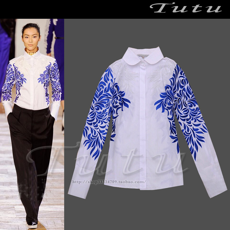 free ship! women fashion blouse,ruslana korshunova delicate elegant vintage blue and white porcelain printing long-sleeve shirts