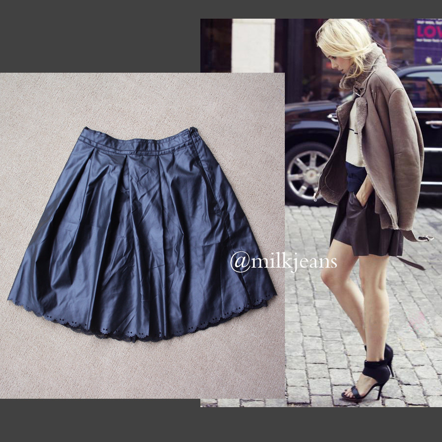 free ship women Faux leather soft drinks pleated skirt