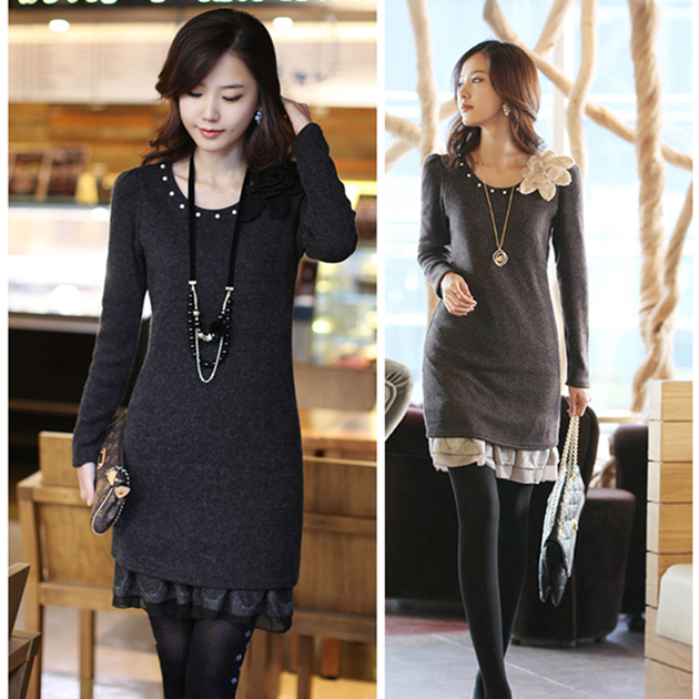 *Free ship,Women/lady autumn long-sleeve o-neck knit dress ,spring slim plus size skirt .2color 4size