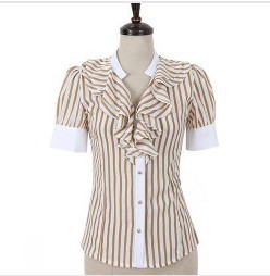 Free ship ,women/lady summer chiffon blouse work wear vertical stripe ruffle short-sleeve shirt