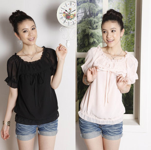 Free ship ,women/lady summer plus size chiffon shirt sweet chiffon short-sleeve Blouses