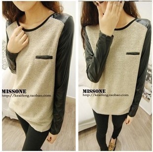 Free shiping 2012 fashion women autumn winter snow cotton patchwork leather sleeve basic all-match long sleeve t-shirt