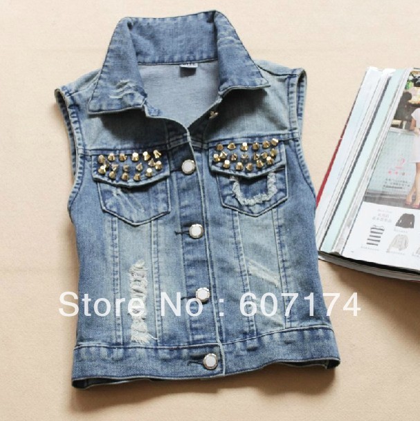 Free shiping 2013 New Style Women Personality skinny Denim Jeans Waistcoat casual Vest Jacket Size:M-XL