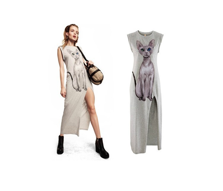 Free shiping blue-eyed cat printing unilateral high light gray dress cuff flanging chest pocket sleeveless vest skirt slits