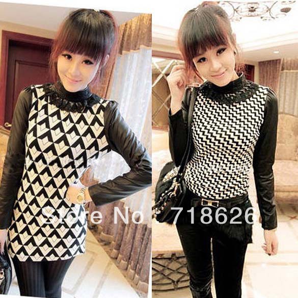 free shiping European 2012 autumn new women fashion faux leather patchwork lace stand long sleeve bottoming shirt t-shirt W21629