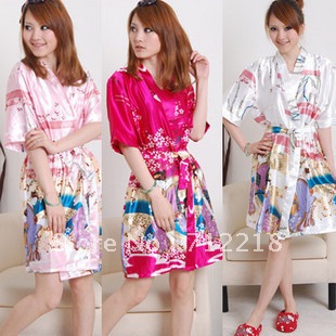 Free shiping Faux silk sleepwear sexy short-sleeve Women's Casual Two-piece  Dress Silk Bathrobe