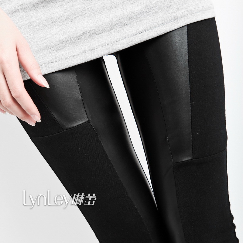 Free shiping High quality 2013 mm women's summer legging black faux leather cotton cloth patchwork slim