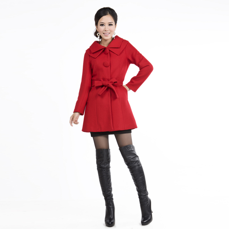 Free  shiping hot 2012 ol elegant ruffle solid color slim waist woolen long overcoat woolen trench