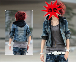 Free  shiping  hot 8622p120 2012 with a hood elegant slim faux two piece denim coat outerwear jeans set female