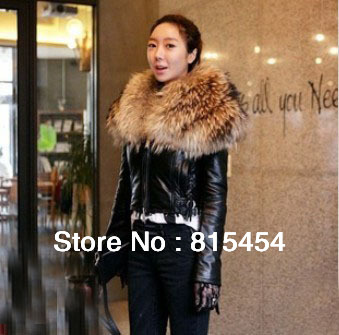 Free shiping ladies genuine leather jacket big fur collar motorcycle jacket