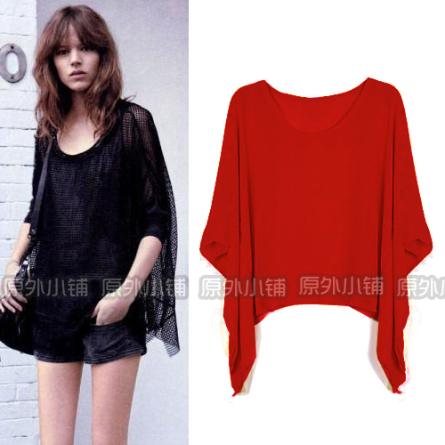 Free shipp[ing 2012 spring and summer fashion loose irregular t-shirt short-sleeve perspectivity top chiffon shirt