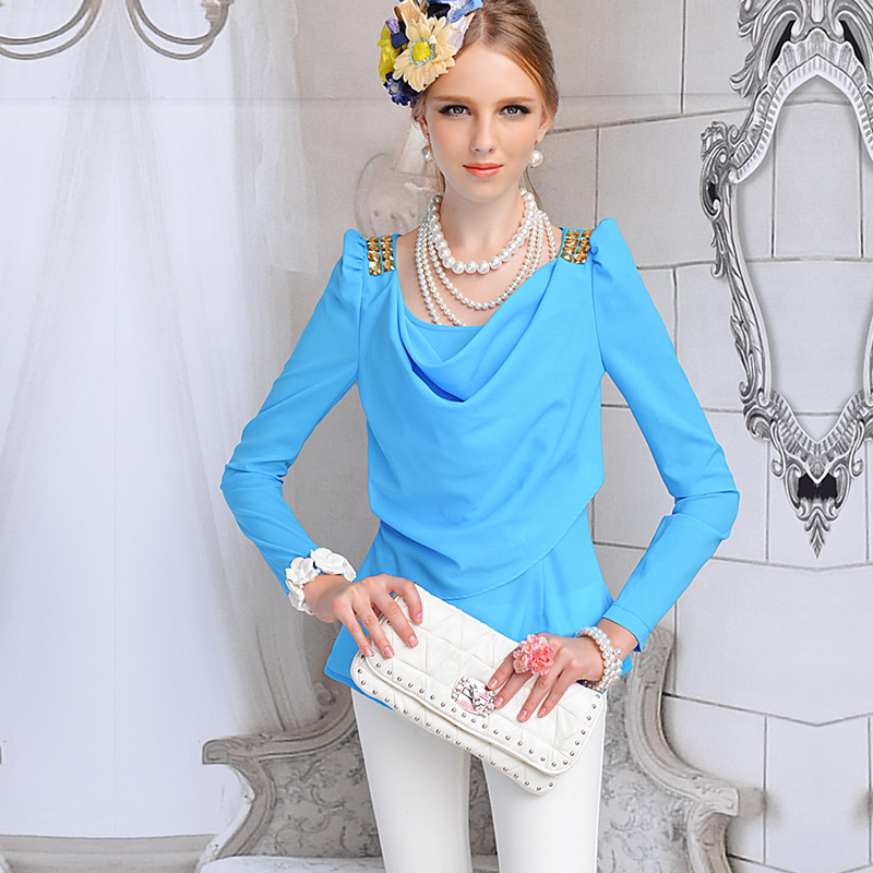 free shippig 2013 Spring blue slim gold sparkling diamond long-sleeve shirt