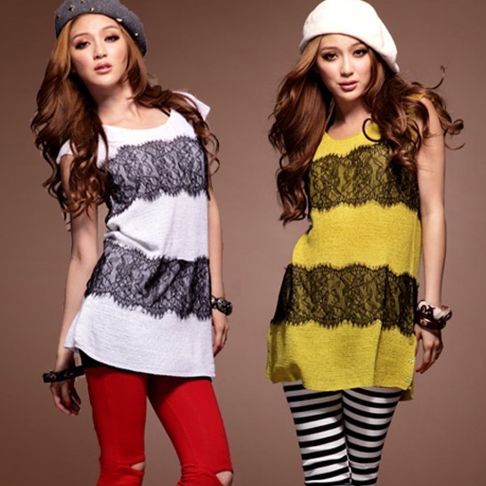 Free shippig By CPAM 2 eyeholes lace stripe two-color medium-long slim elastic slim hip pianbu sweater 053 Mr.L