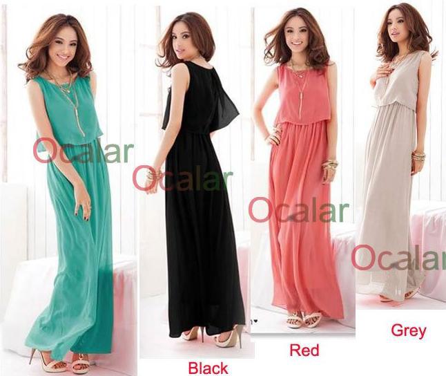 Free Shippin 4 Colors Korean Style Women Bohenmia Chiffon Long Princess Dress Pleated Fomal Gown Skirt Clothing E0355