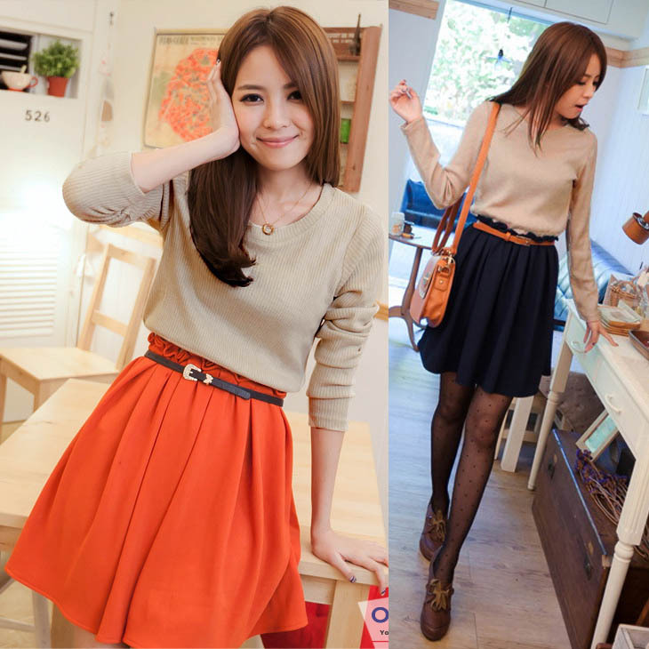 Free Shippin Fashion Lady Knitted color block dresses for autumn or winter casual dress with Belt QZ0048 Orange Royal blue