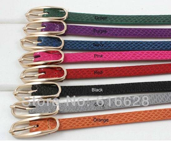 Free shipping 0.4''  2012  women's snakeskin real leather linning skinny belts with gold buckle- Fashion Design (min order $15)