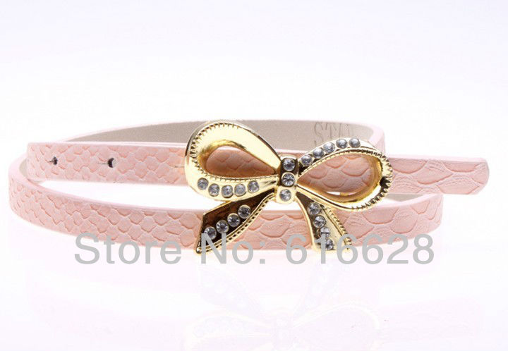 Free shipping 0.5''  2012  women's snakeskin faux leather pink thin belts with bow buckle- lovely design (min order $15)