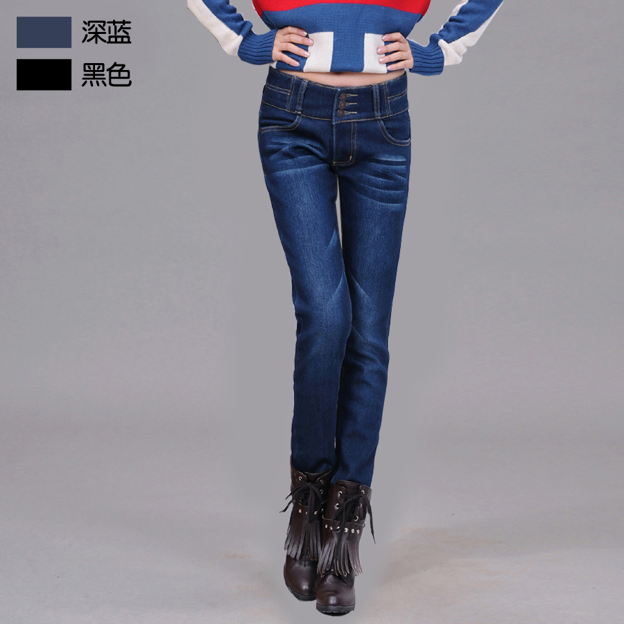 Free shipping 02-m955 plus velvet thickening jeans buckle pants slim all-match pencil pants boot cut jeans