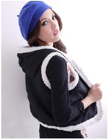 Free shipping, 0303 2012 fashion q wool border with a hood all-match thermal open front cotton vest - black ,15