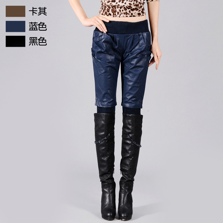 Free shipping 05 - 161 patchwork boot cut jeans female PU patent leather skinny pants 2013 elastic boot cut jeans casual elastic