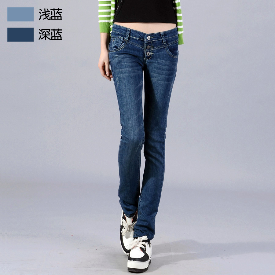 Free shipping 05 - 2202 spring buttons pencil pants mid waist jeans slim pants all-match