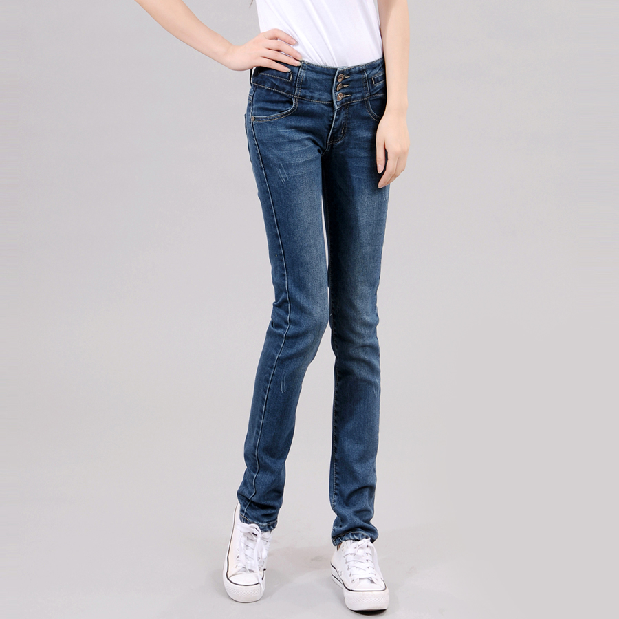 Free shipping 05 - 3053 buttons jeans female slim straight pants all-match 2013 plus size