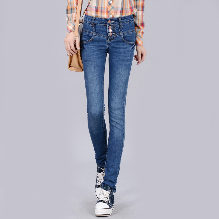 Free shipping 05 - 3216 high waist buttons jeans female all-match pencil pants slim boot cut jeans