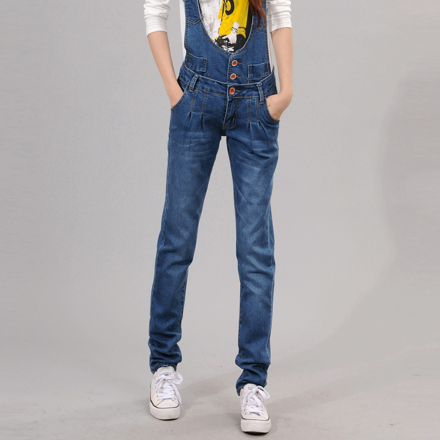 Free shipping 05 - 676 bib pants jeans loose casual plus size trousers breasted straight pants 2013 female